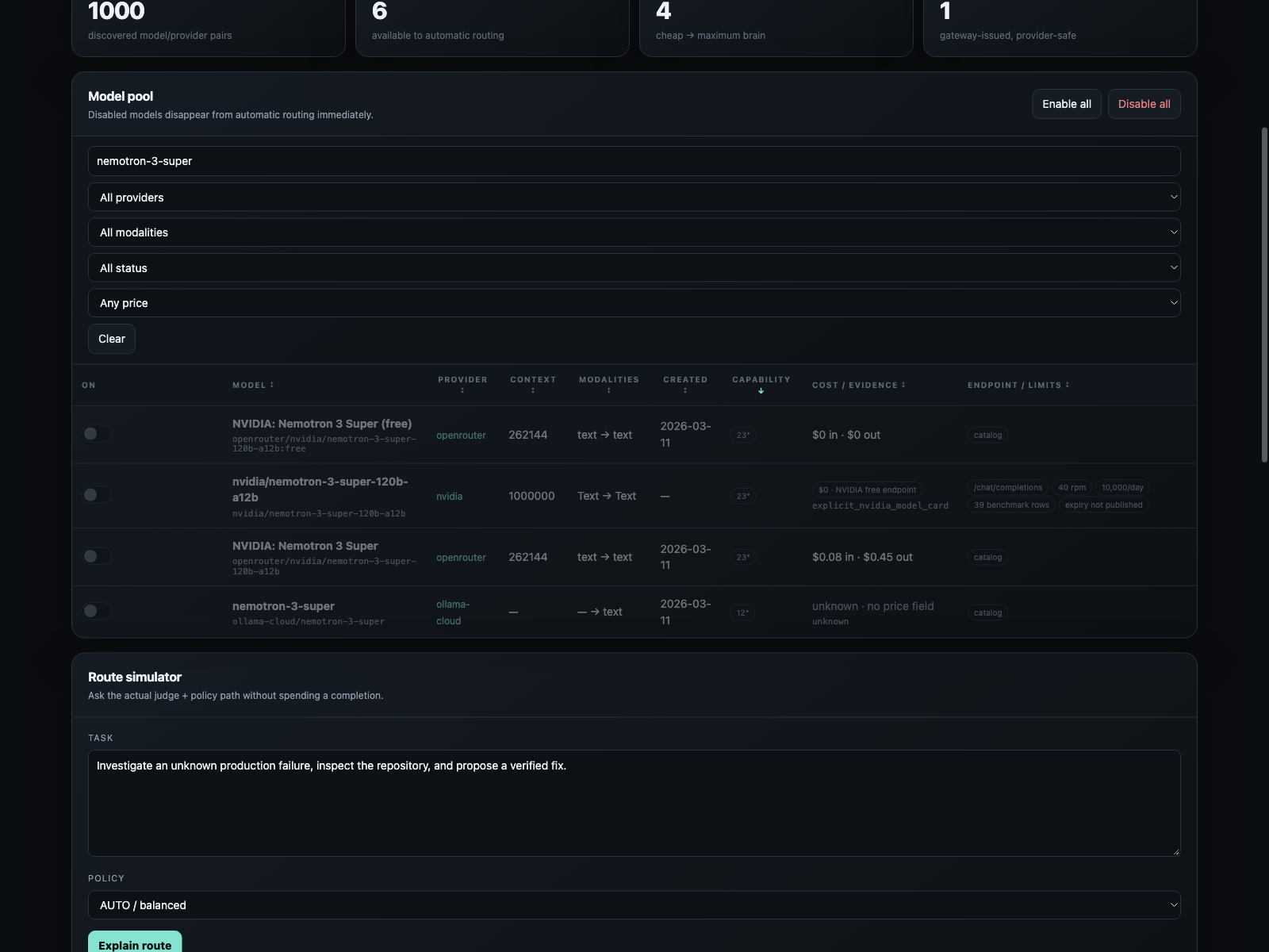 LAYA model pool roster with search, provenance, retirement, pricing, and sortable columns