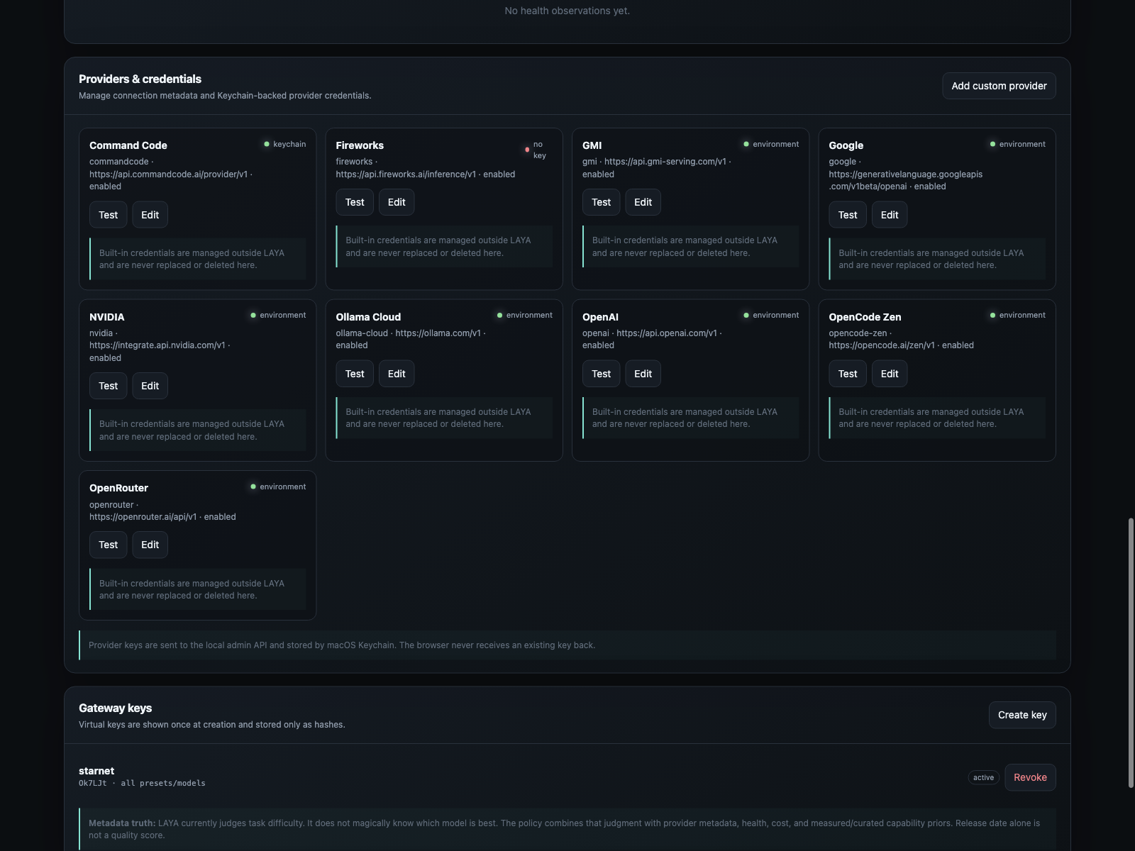 LAYA provider administration showing provider health, metadata, and settings
