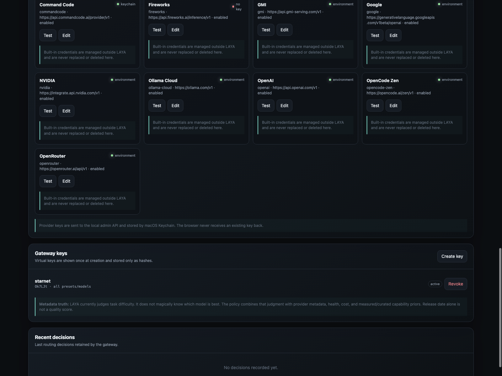 LAYA gateway keys view showing virtual key boundary and metadata
